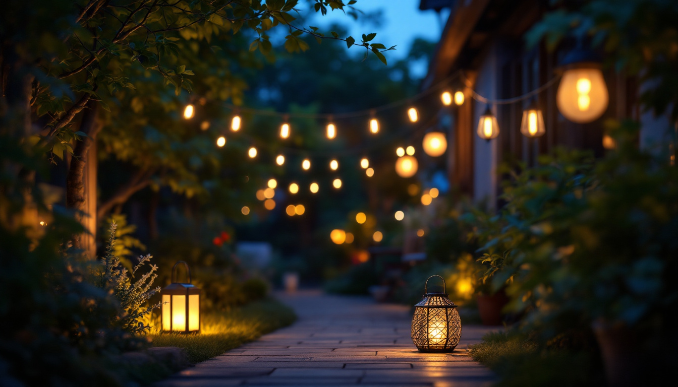 A photograph of a well-lit outdoor scene showcasing various types of lighting fixtures in use