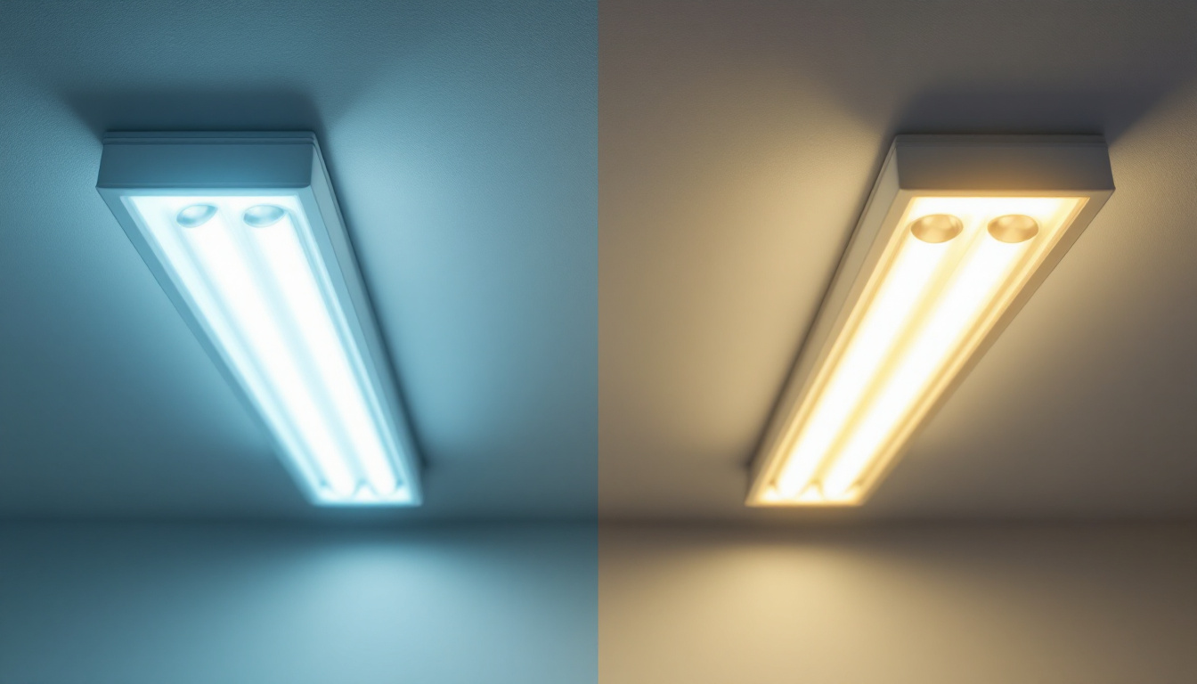 A photograph of a side-by-side comparison of a fluorescent light fixture and an led light fixture in a well-lit room
