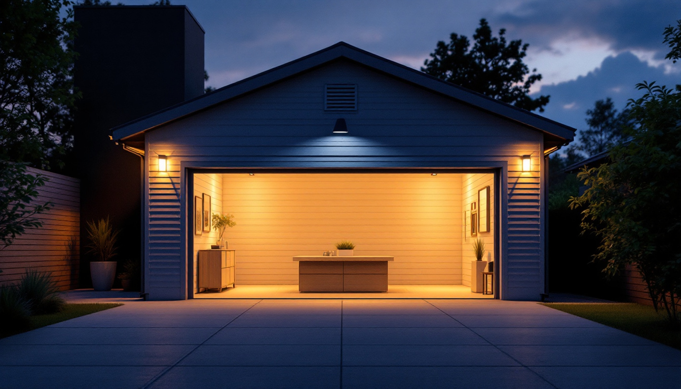 A photograph of a well-lit outdoor garage at dusk