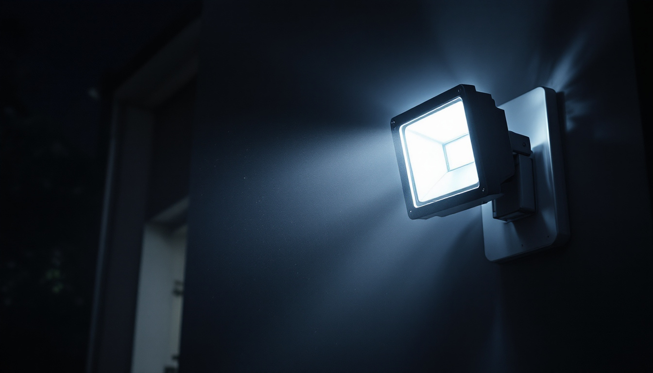 A photograph of a security flood light illuminating a dark outdoor area