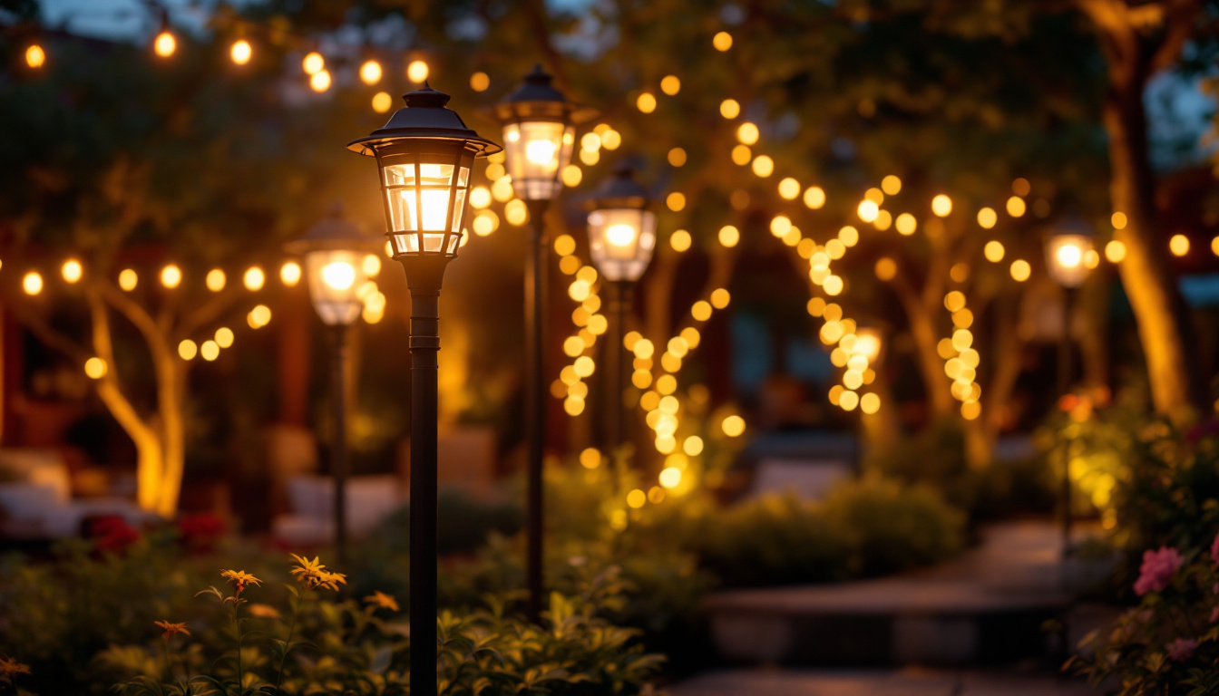 A photograph of a beautifully illuminated outdoor space featuring stylish post lamps