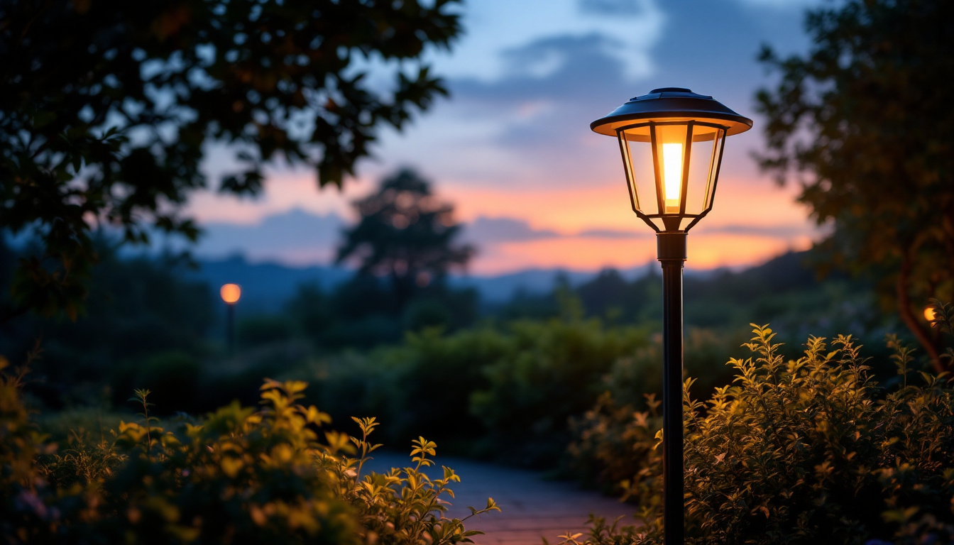 A photograph of a beautifully designed solar post lamp illuminating a garden or pathway at dusk