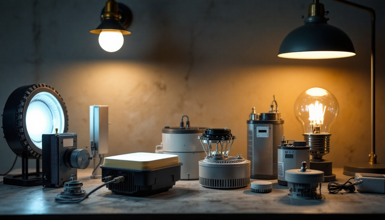 A photograph of capture a photograph of a variety of light ballasts displayed alongside different types of lighting fixtures