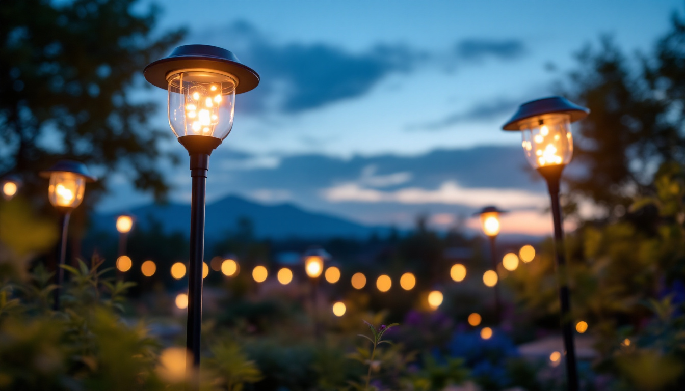 A photograph of a beautifully illuminated outdoor scene featuring solar-powered led lights in a garden or patio setting during twilight