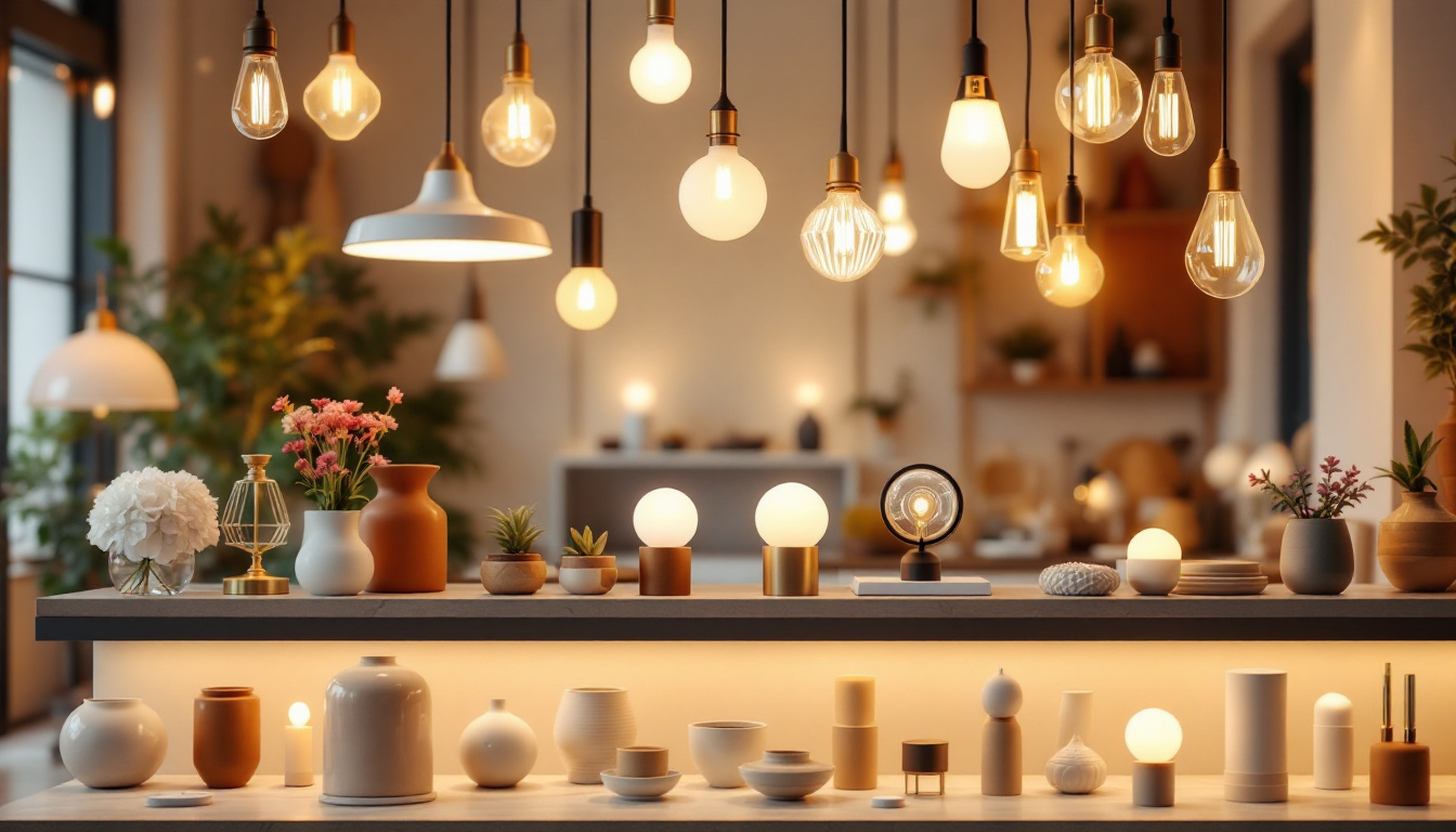 A photograph of a beautifully arranged display of various store lighting fixtures in an aesthetically pleasing retail environment