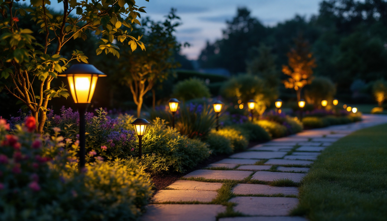 A photograph of a beautifully landscaped garden illuminated by various solar lights at dusk