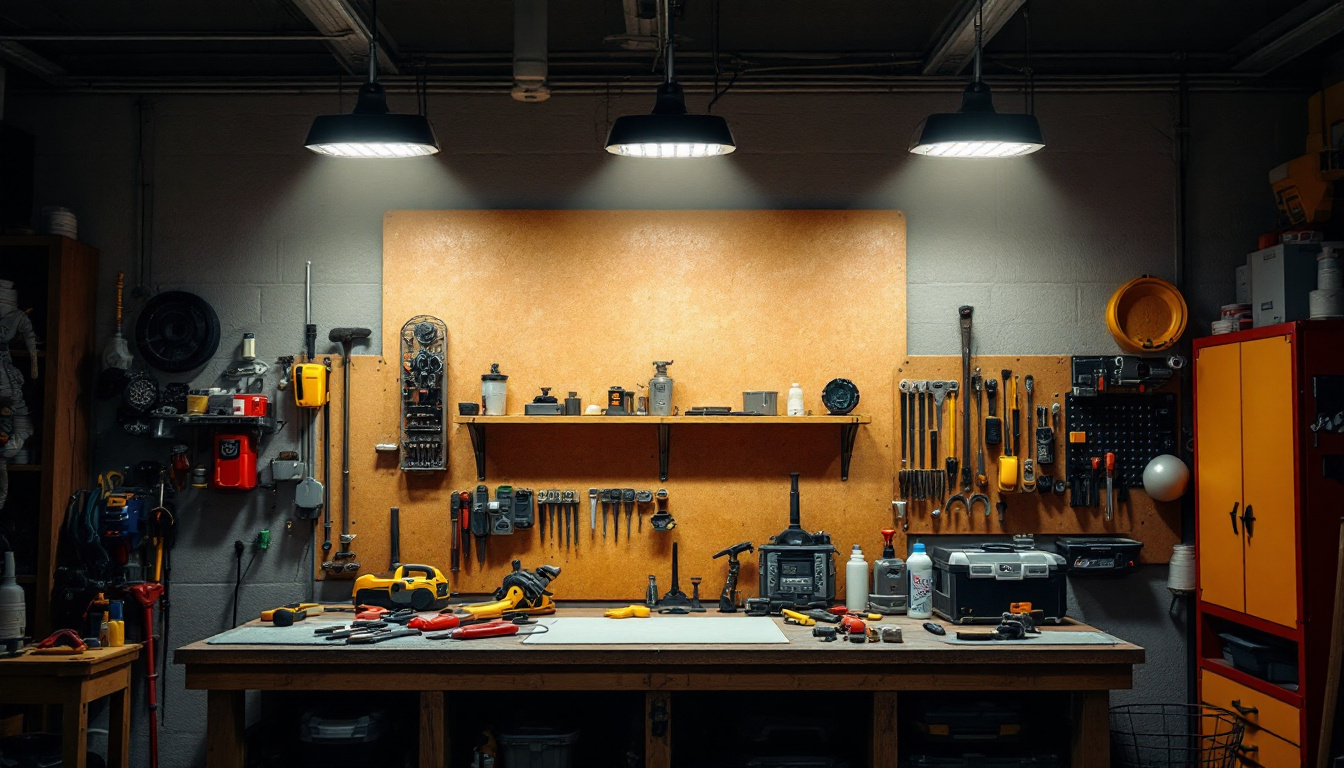 A photograph of a well-lit workshop or garage space showcasing multiple 4 ft led shop lights in action