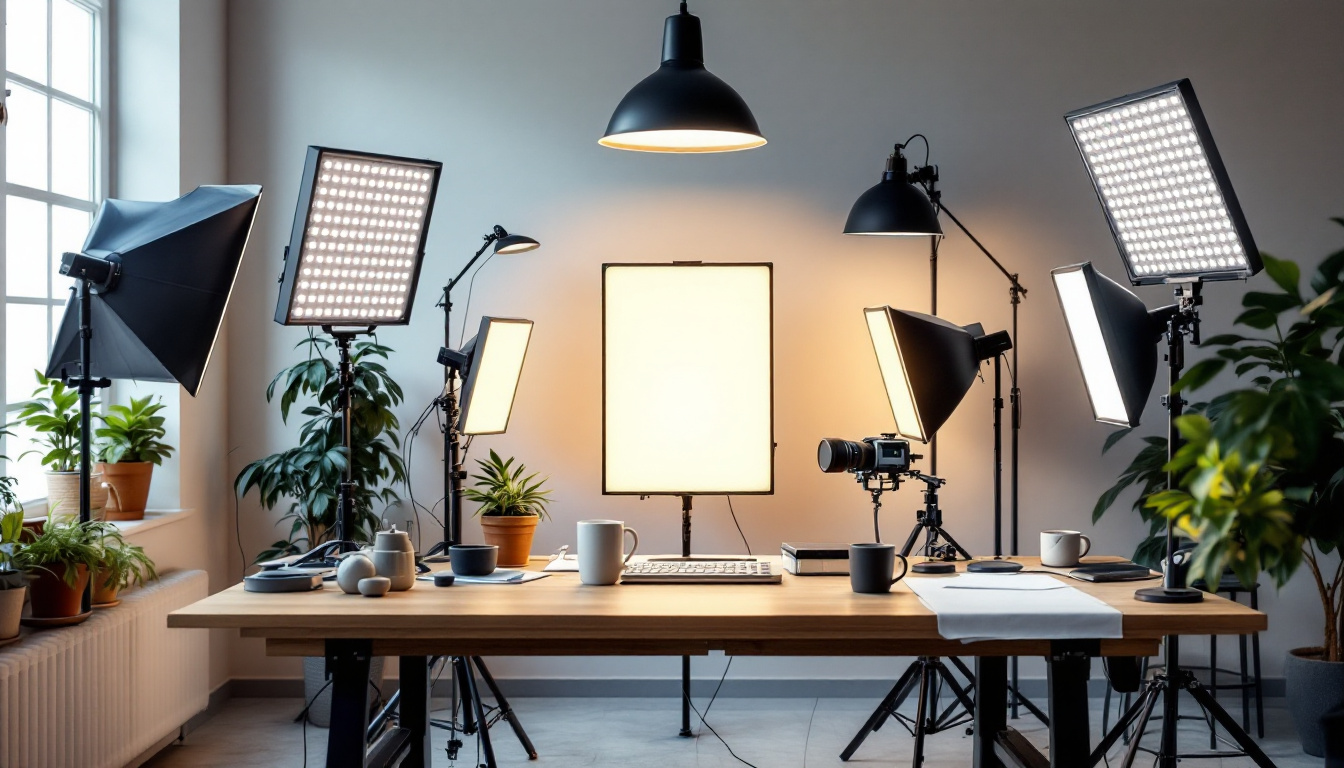 A photograph of a well-lit workspace featuring a variety of led light panels in use