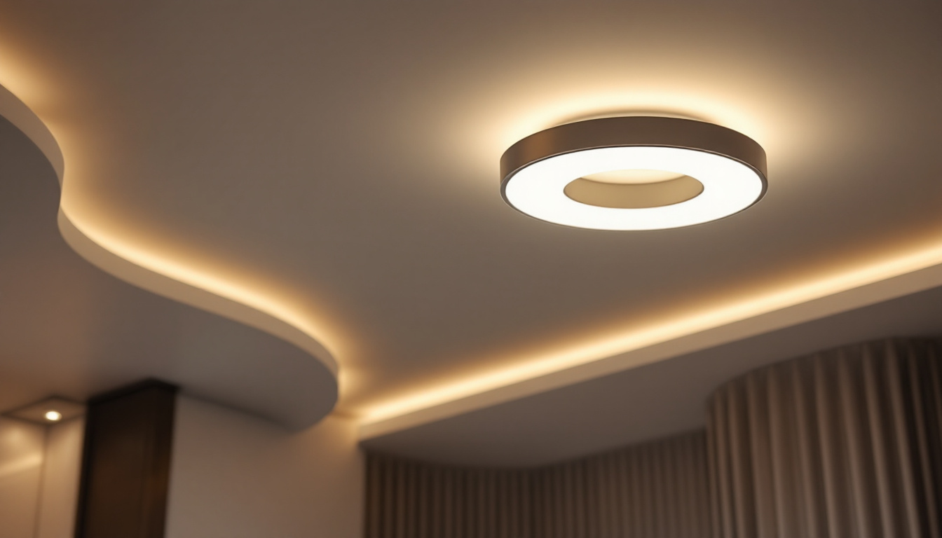 A photograph of a stylish round ceiling light fixture installed in a modern interior setting