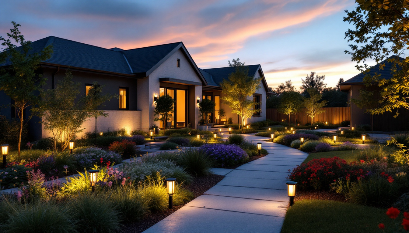 A photograph of a beautifully landscaped yard at dusk