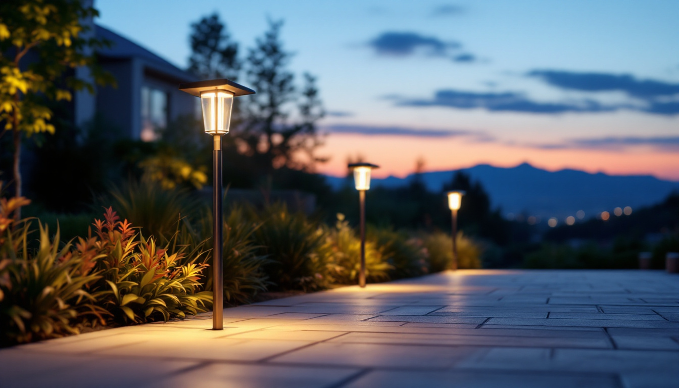 A photograph of a beautifully lit outdoor space featuring solar post lights in action during twilight
