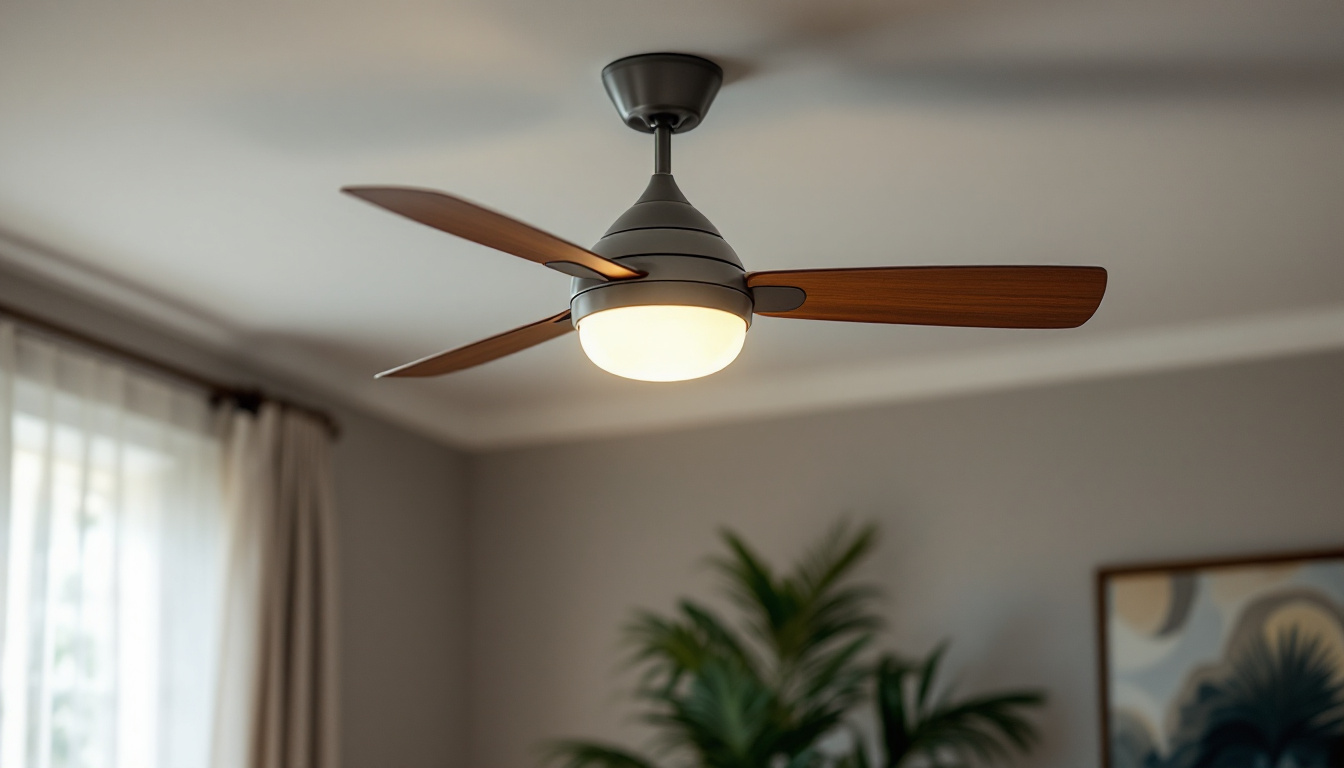 A photograph of a stylish ceiling fan with an integrated light fixture