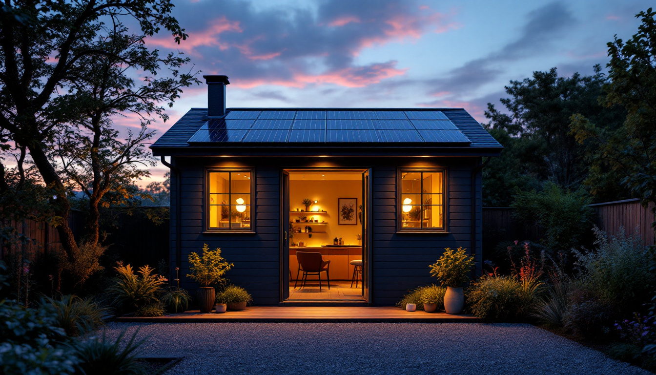 A photograph of a beautifully illuminated shed at dusk