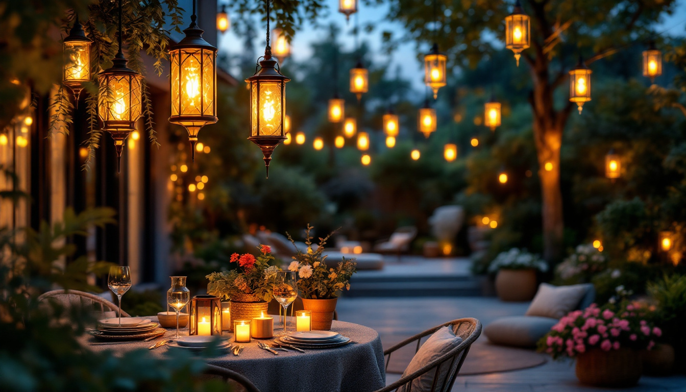 A photograph of a beautifully arranged outdoor setting featuring various styles of external hanging lights