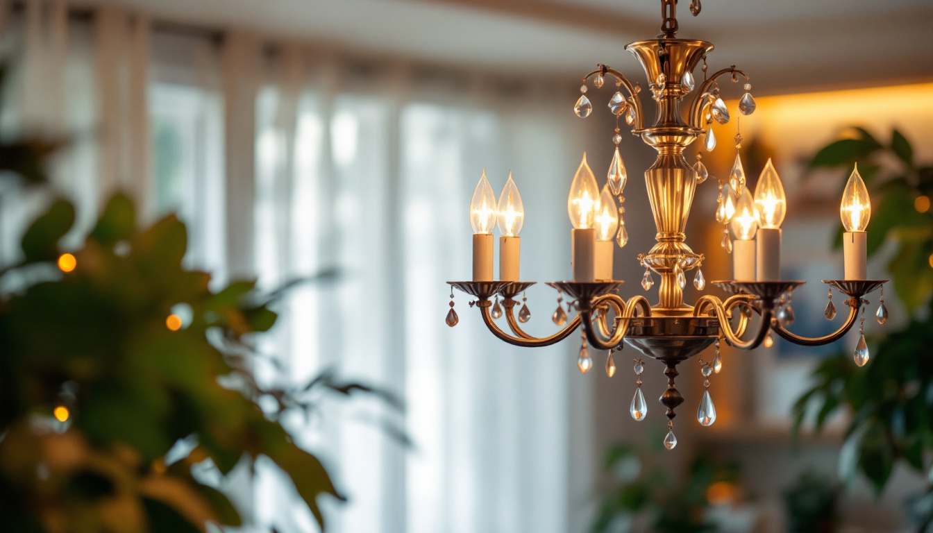 A photograph of a beautifully designed chandelier illuminated in a stylish interior setting