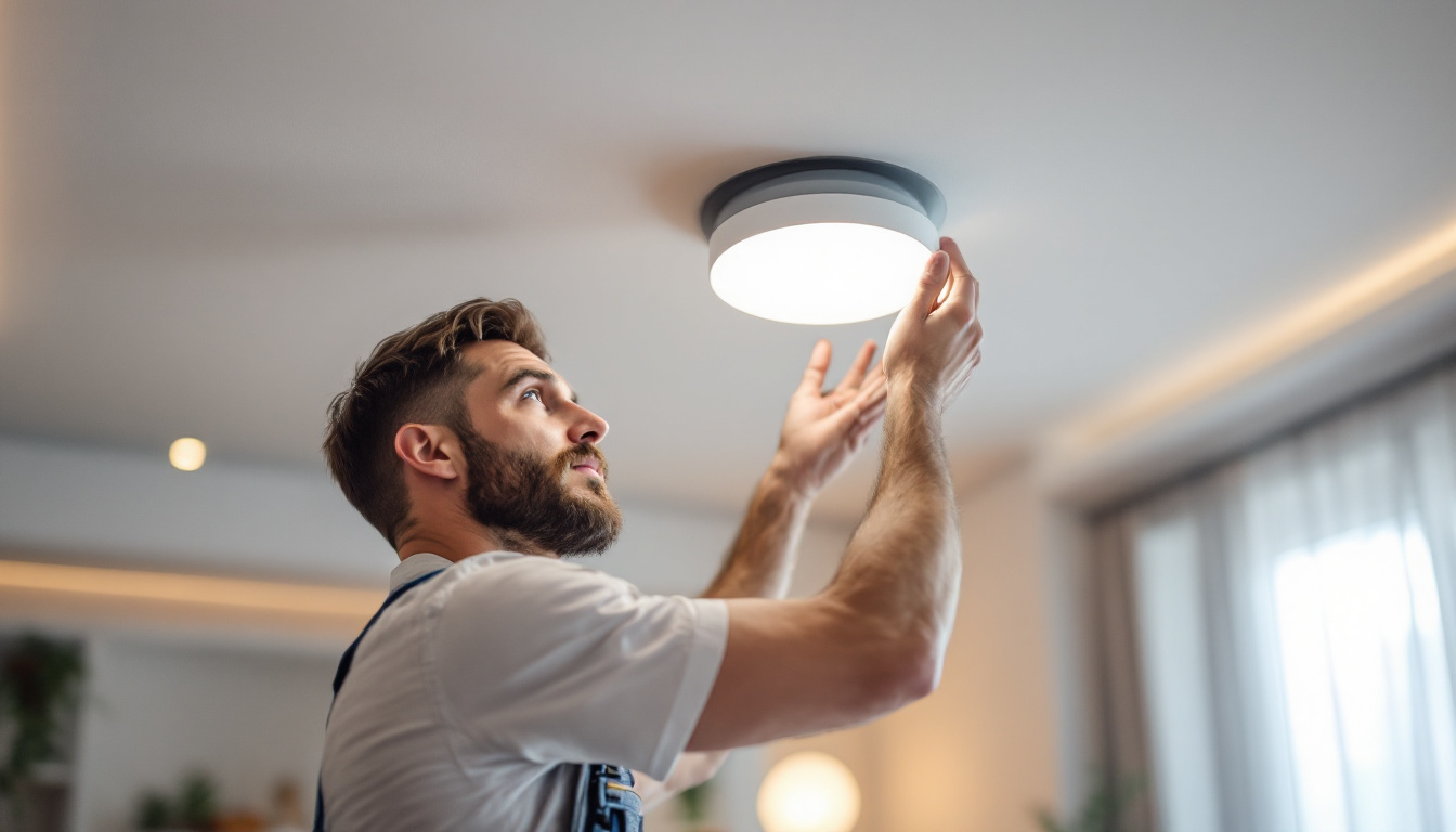 A photograph of a skilled electrician carefully replacing a recessed can light in a modern ceiling