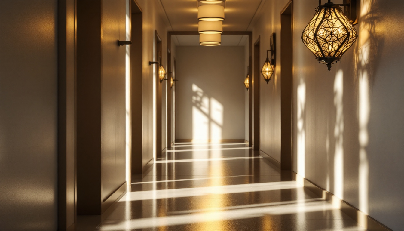 A photograph of a beautifully lit hallway featuring a stylish lamp that highlights the interplay of light and shadows