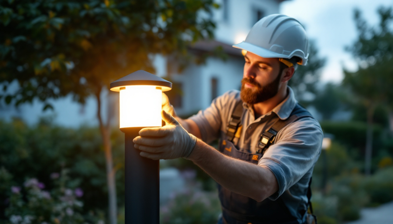 A photograph of a skilled electrician installing a bollard light in a landscaped outdoor setting
