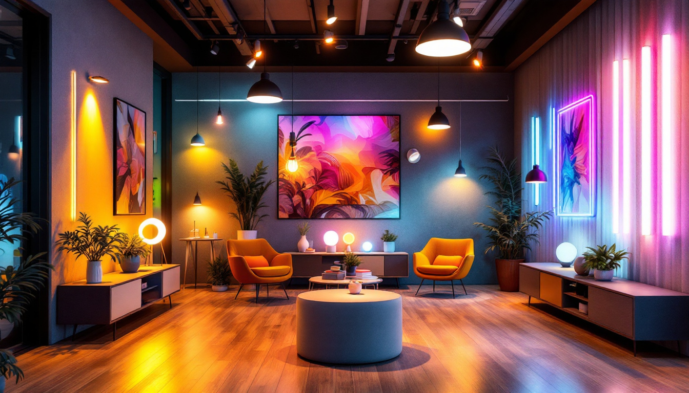 A photograph of a well-lit showroom displaying a variety of led lighting fixtures in different styles and applications