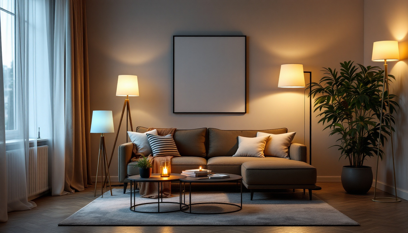 A photograph of a stylishly arranged living room setting featuring a variety of floor lamps in different designs and styles