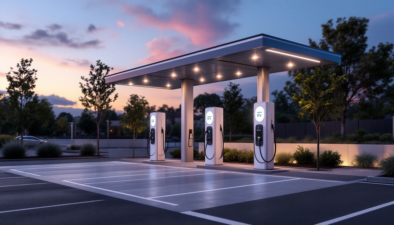 A photograph of a modern commercial electric vehicle charging station illuminated at dusk
