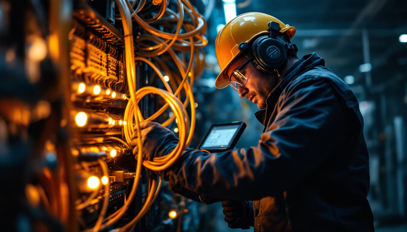 A photograph of a skilled technician using a cable puller in a well-lit environment