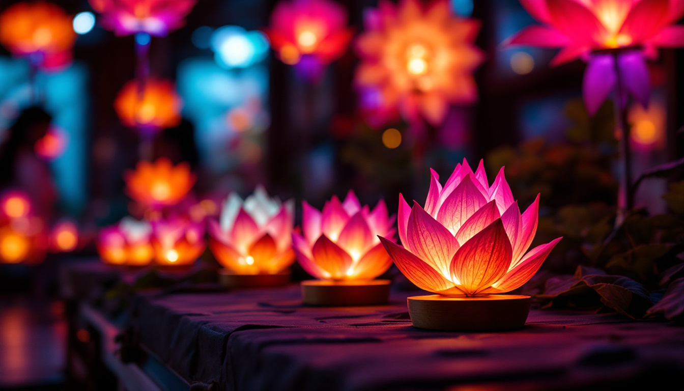 A photograph of a beautifully arranged display of vibrant lotus lantern led lights glowing softly in a dimly lit environment