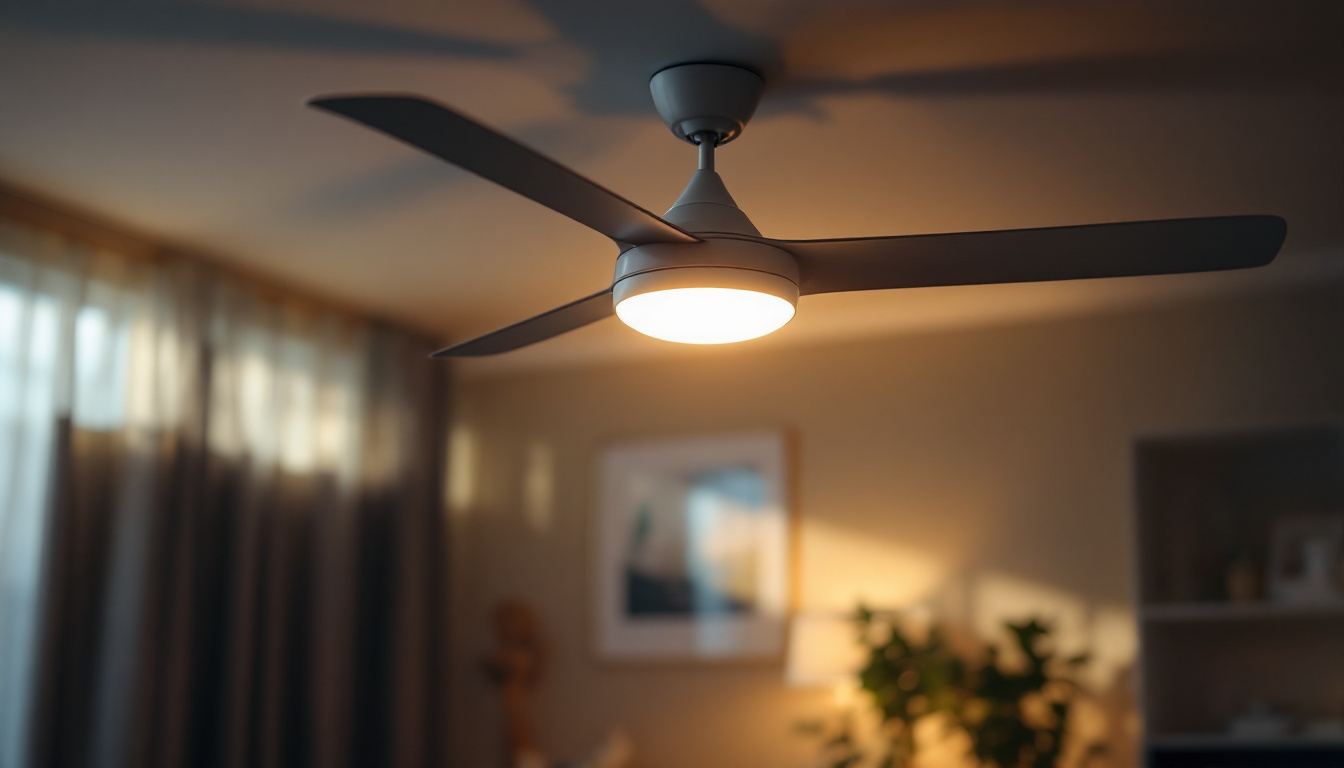 A photograph of capture a photograph of a stylish ceiling fan with integrated lighting