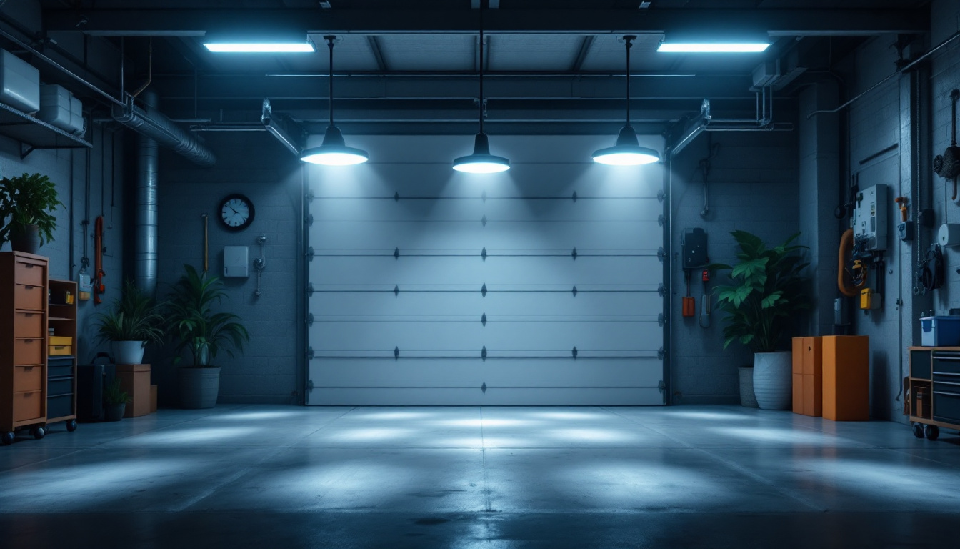 A photograph of a well-lit garage showcasing a stylish and functional light fixture