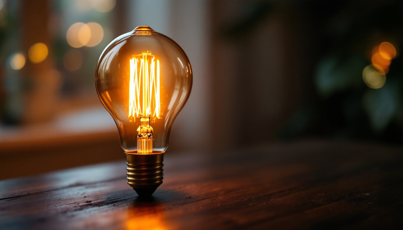 A photograph of a stylish bulb lamp illuminated in a cozy setting