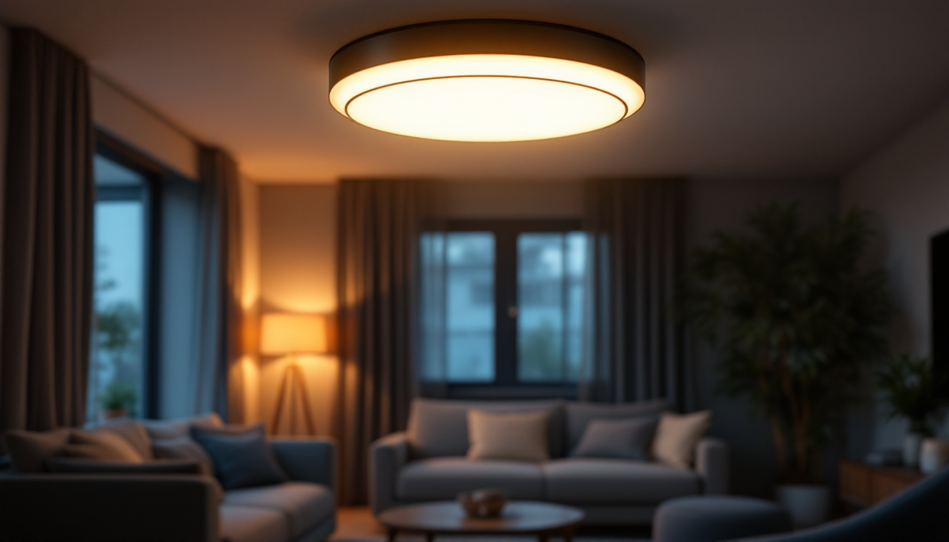 A photograph of a stylish ceiling flush mount light fixture illuminating a modern living space