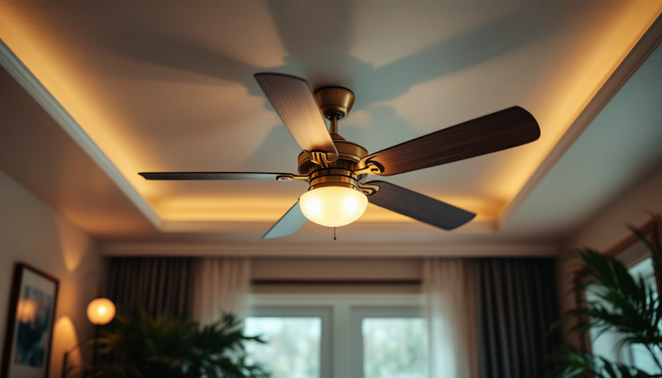 A photograph of an elegant ceiling fan in a stylishly decorated room