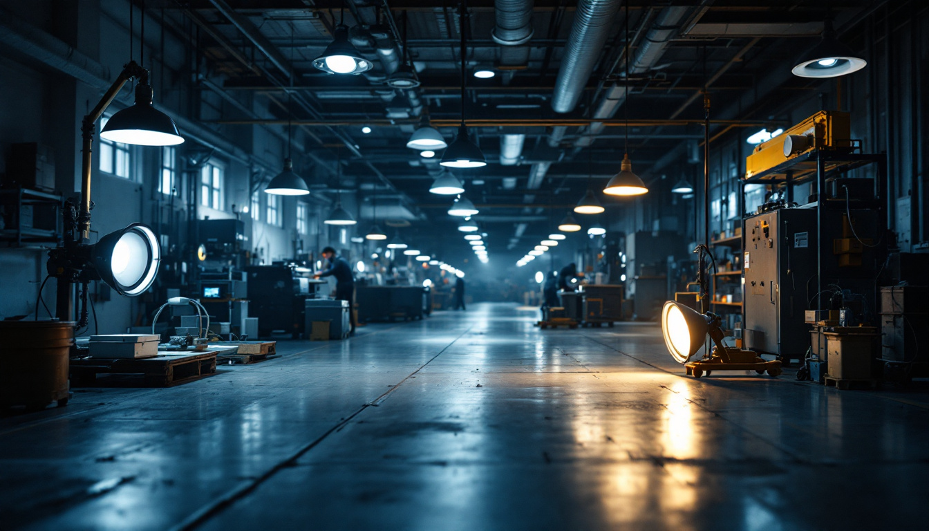 A photograph of a well-lit shop floor showcasing various types of industrial lighting fixtures in action
