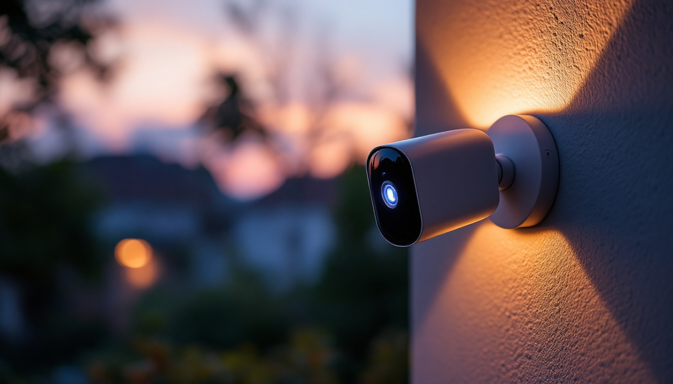 A photograph of a sleek outdoor camera mounted on a wall