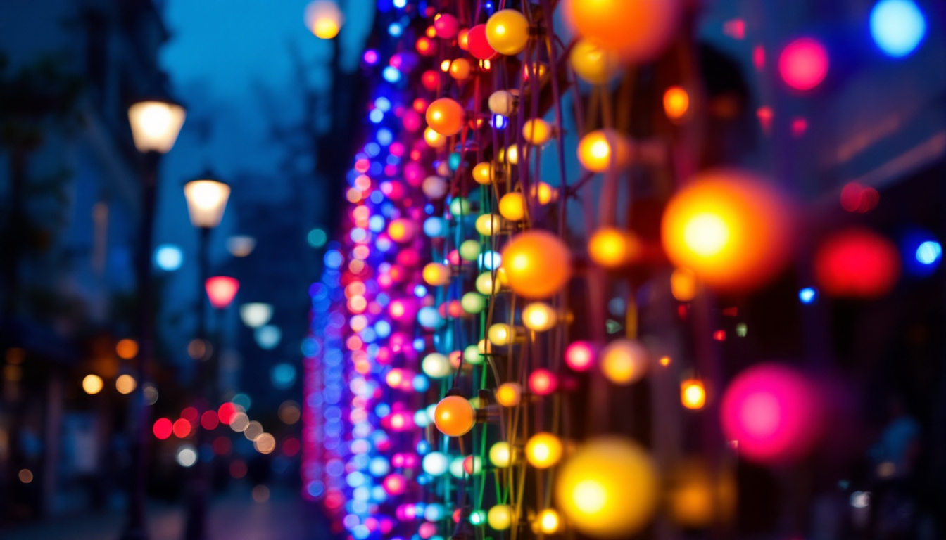 A photograph of a vibrant led light installation in an urban setting at dusk