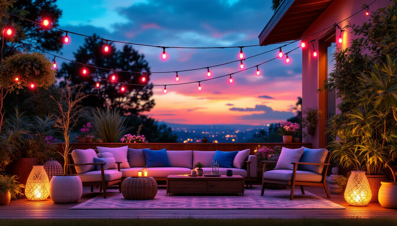 A photograph of a beautifully arranged outdoor setting illuminated by vibrant led string lights