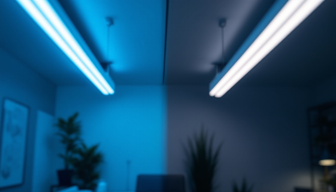 A photograph of capture a photograph of a side-by-side comparison of a traditional fluorescent light fixture and a modern led replacement