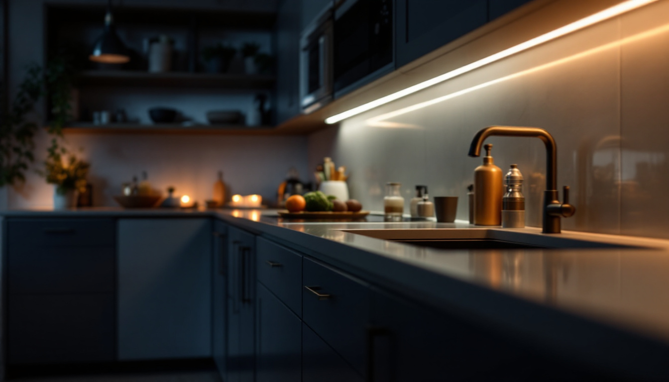 A photograph of a beautifully illuminated kitchen or workspace featuring stylish under counter lighting that highlights the countertops and creates a warm