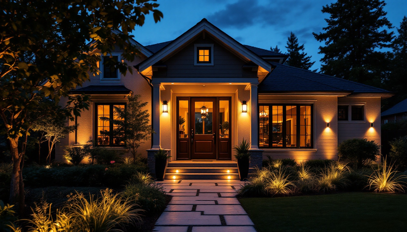 A photograph of a beautifully illuminated outdoor entryway at dusk