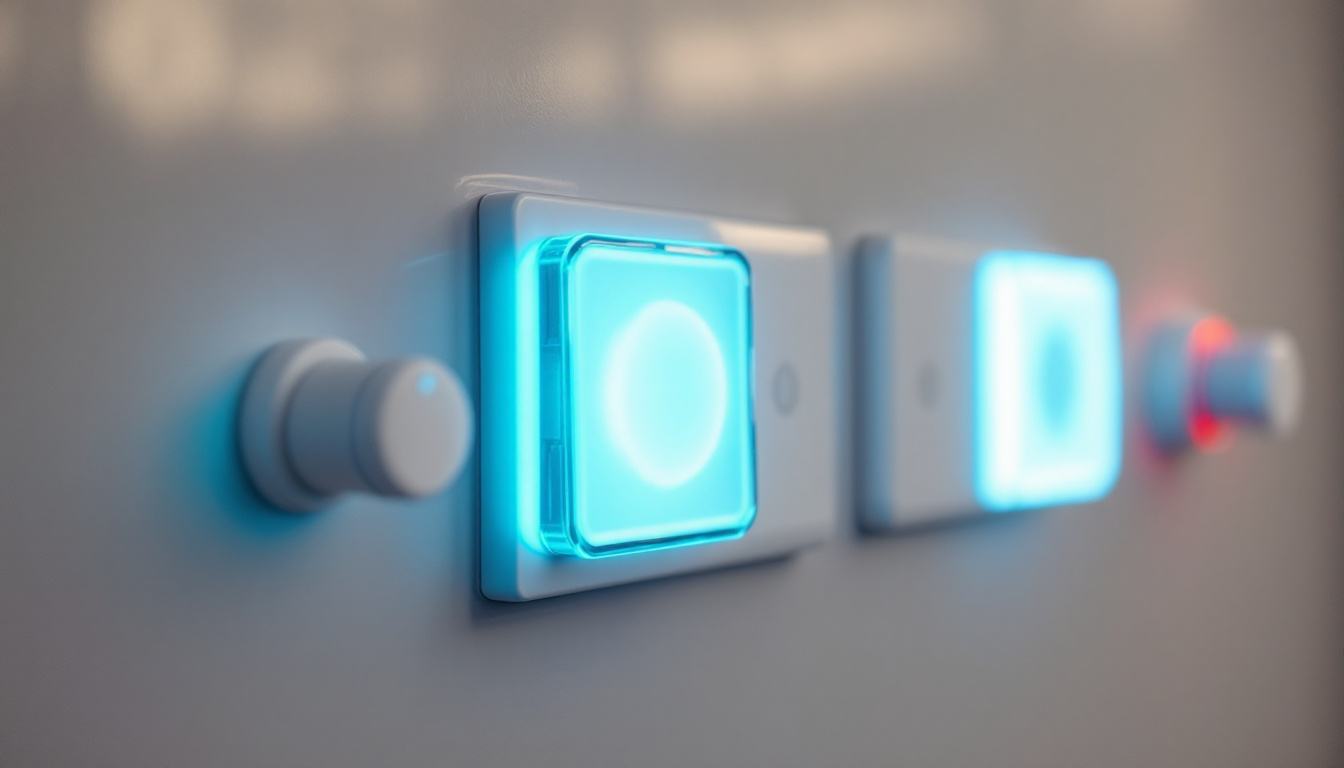 A photograph of a close-up shot of various push button switches in different designs and colors