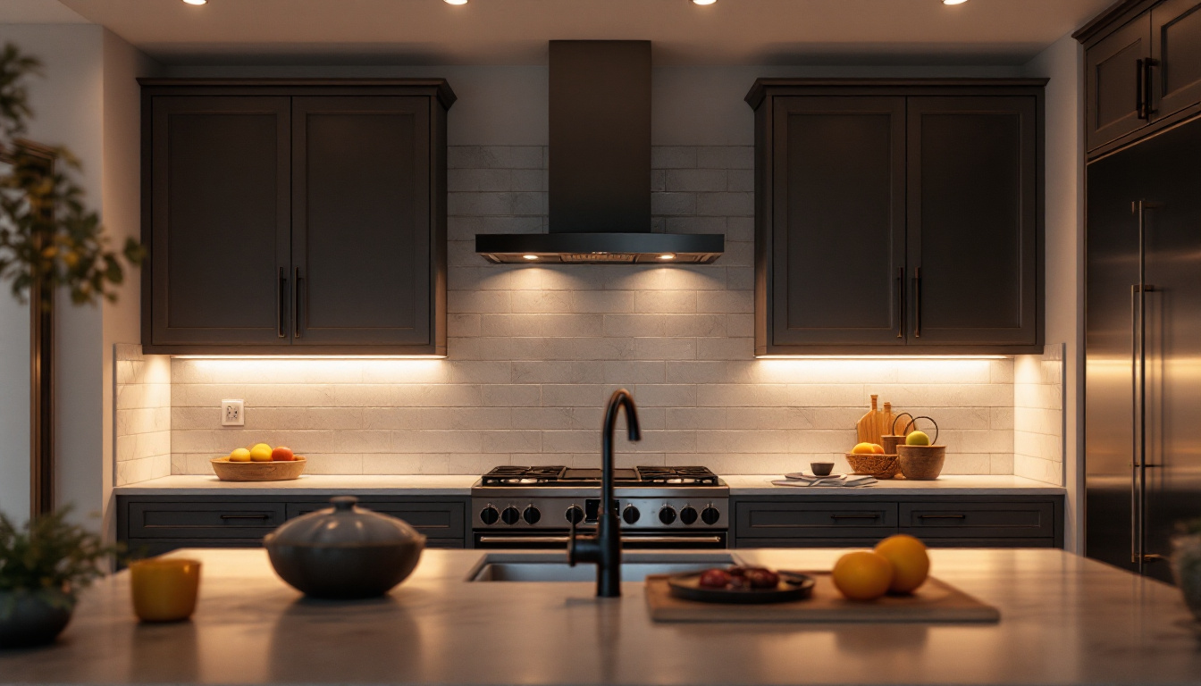 A photograph of a beautifully designed kitchen featuring stylish cabinet lighting that highlights the cabinetry and creates a warm