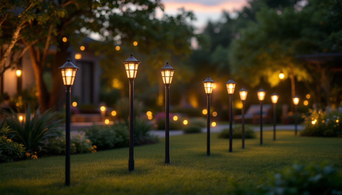 A photograph of a beautifully illuminated yard featuring a variety of stylish light posts