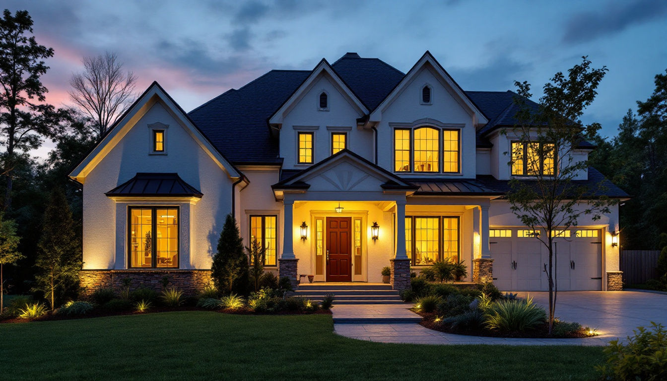 A photograph of a beautifully illuminated home's exterior at dusk