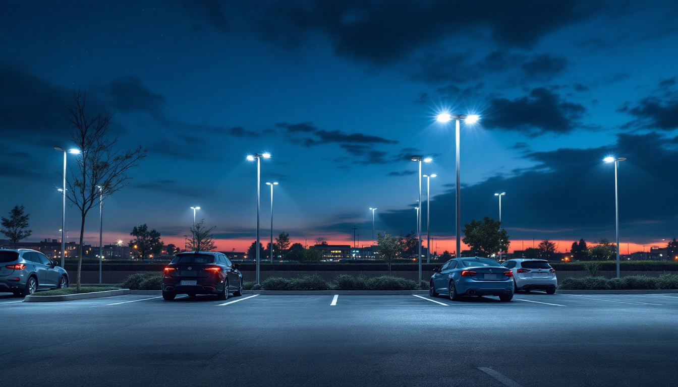 A photograph of a well-lit parking lot at dusk