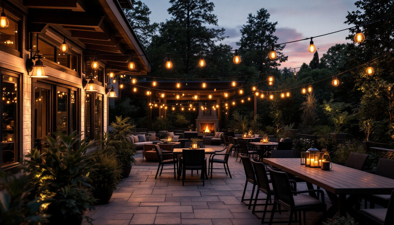 A photograph of a beautifully lit outdoor patio at dusk