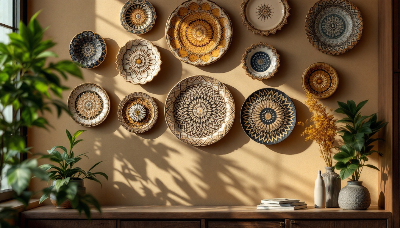 A photograph of a beautifully arranged display of ornamental wall plates in a well-lit room