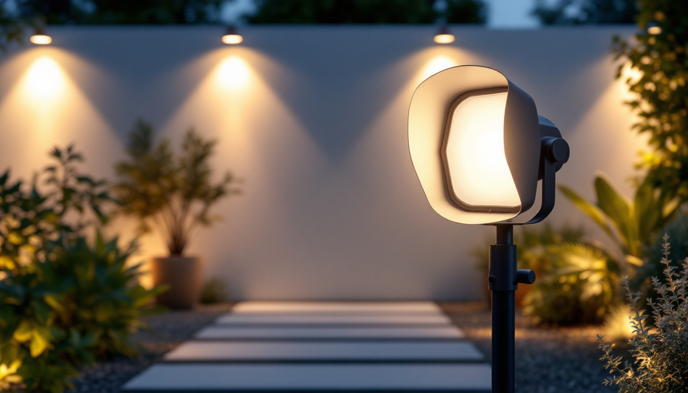 A photograph of a beautifully illuminated outdoor space featuring a stylish outdoor spotlight shield