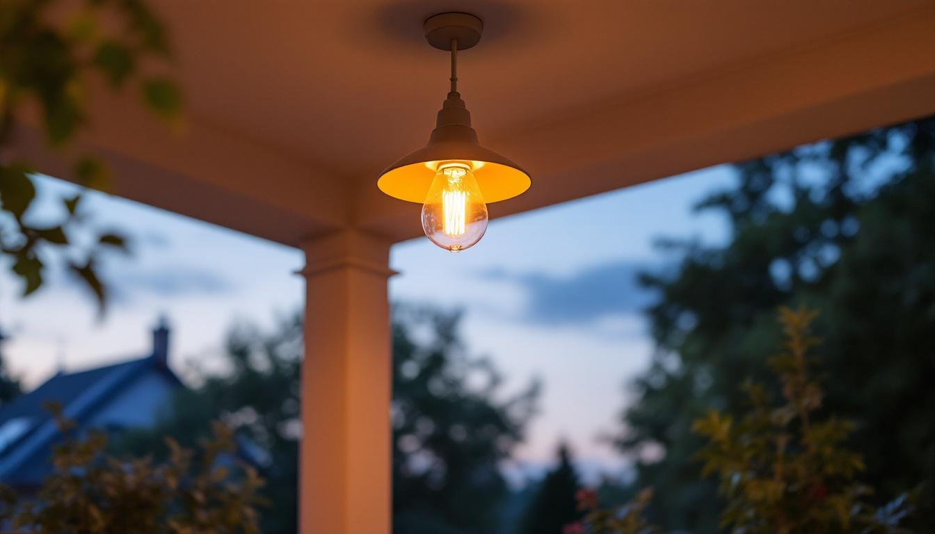 A photograph of a stylish ceiling porch light illuminating a cozy outdoor space