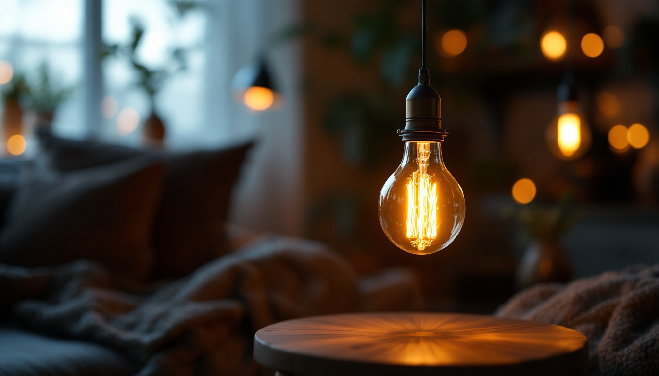 A photograph of a stylish light bulb lamp illuminated in a cozy