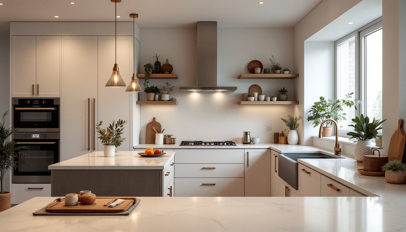 A photograph of a beautifully designed kitchen featuring strategically placed recessed lighting